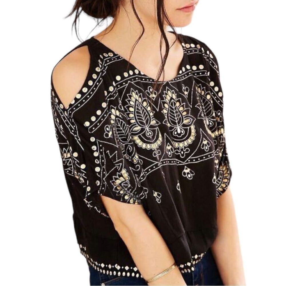Patrons of Peace Boho Paisley Embroidered Cold Shoulder Top
